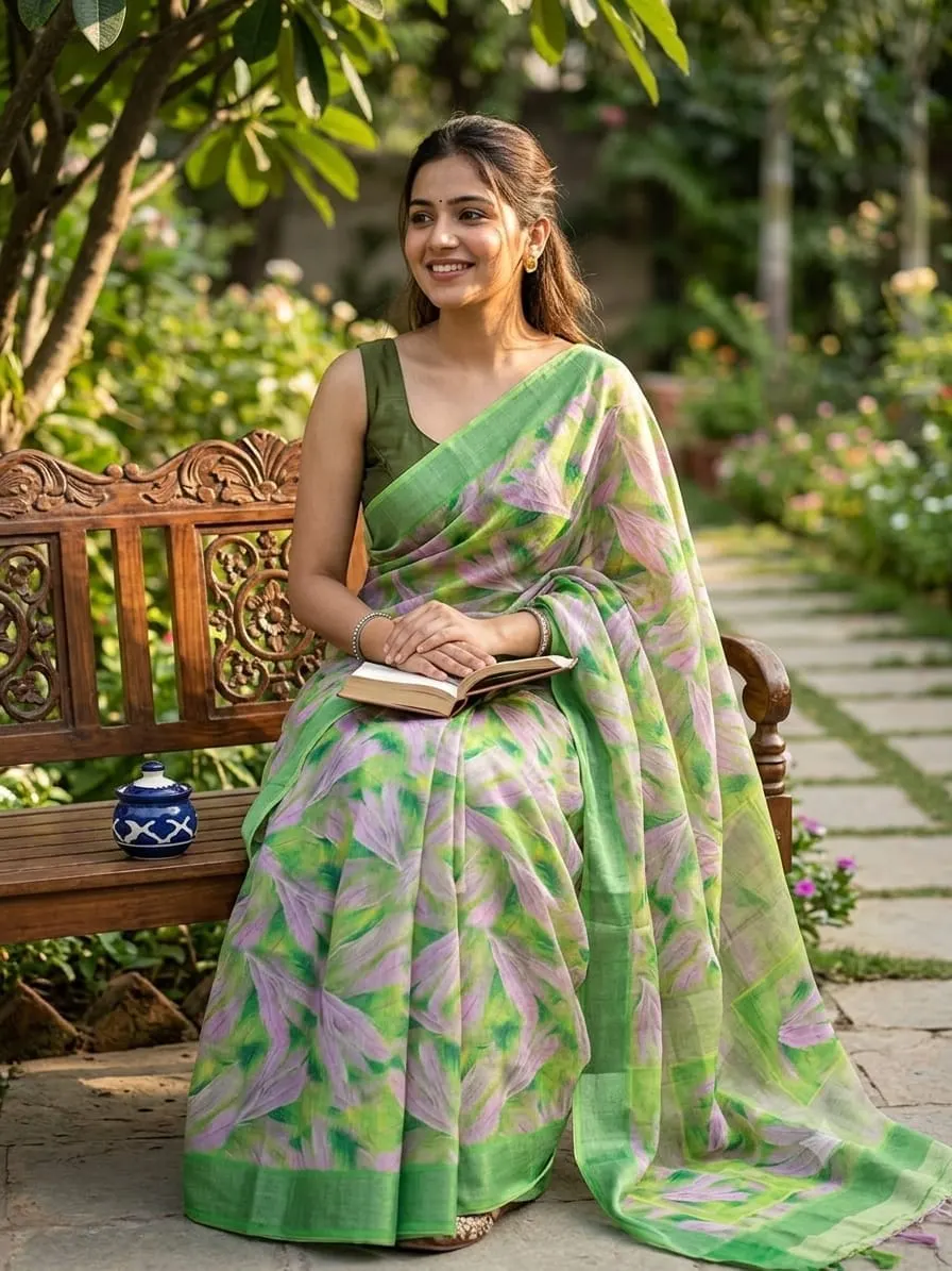 Green Abstract Floral Linen Cotton Saree